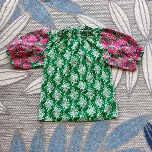 THML Women’s Anegada Embroidered Puff Short Sleeve Blouse Green Pink Size XS Top